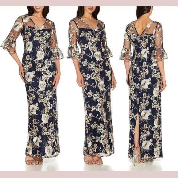 NWT Adrianna Papell‎ [ 22W ] Floral Bell Sleeve Embroidered Column Gown Blue - Picture 1 of 14